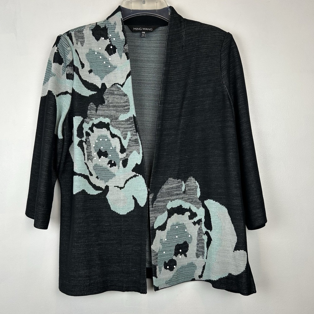 Ming Wang Open Blazer Womens Medium Petite Jacket Gray Floral Office Career